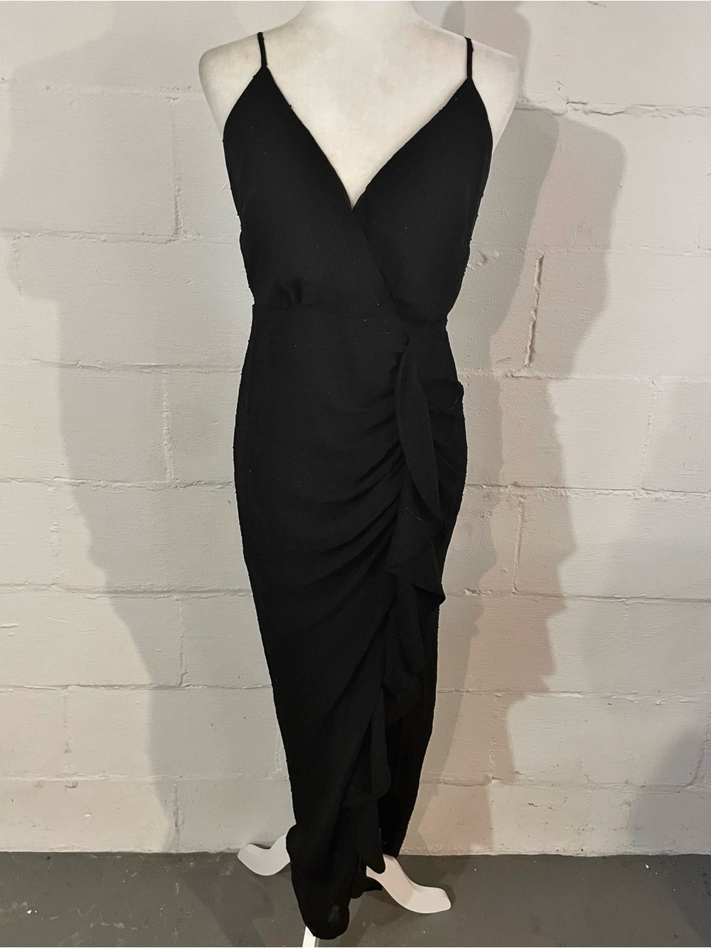 Lulu's Black Spaghetti-Strap Ruched Ruffle Maxi Dress